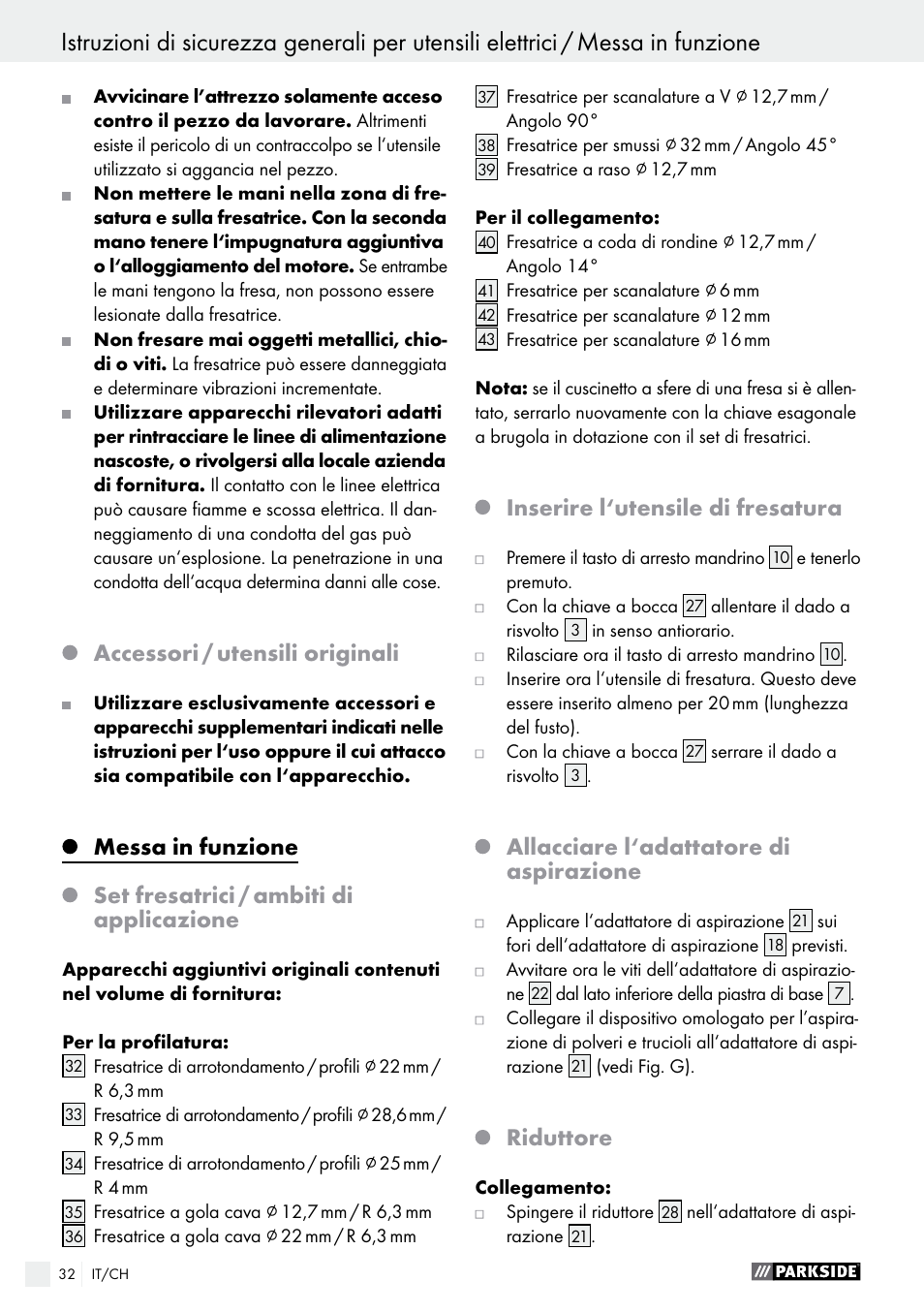 Accessori / utensili originali, Inserire l‘utensile di fresatura, Allacciare l‘adattatore di aspirazione | Riduttore | Parkside POF 1200 A1 User Manual | Page 32 / 46