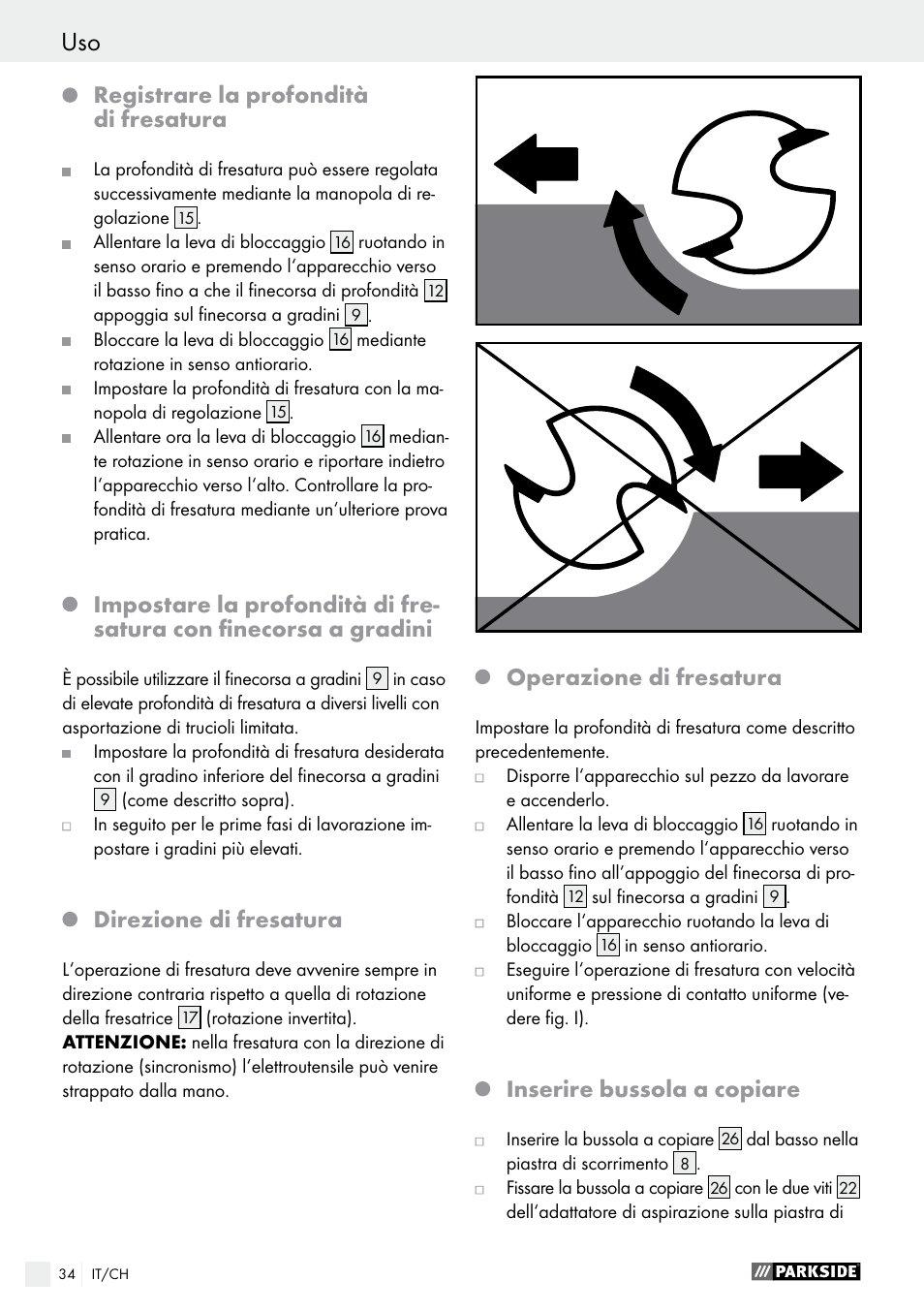 Uso uso / manutenzione e pulizia / garanzia, Registrare la profondità di fresatura, Direzione di fresatura | Operazione di fresatura, Inserire bussola a copiare | Parkside POF 1200 A1 User Manual | Page 34 / 46