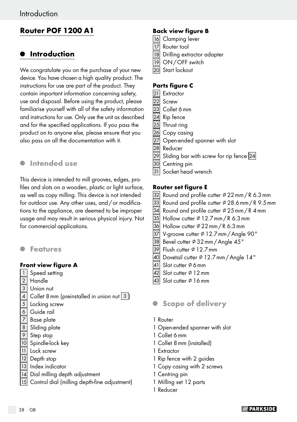 Introduction, Introduction / general power tool safety warnings, Intended use | Features, Scope of delivery | Parkside POF 1200 A1 User Manual | Page 38 / 46