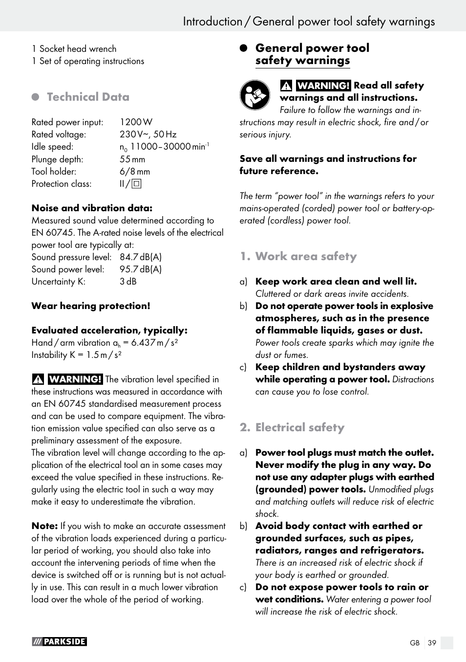 Technical data, General power tool safety warnings, Work area safety | Electrical safety | Parkside POF 1200 A1 User Manual | Page 39 / 46