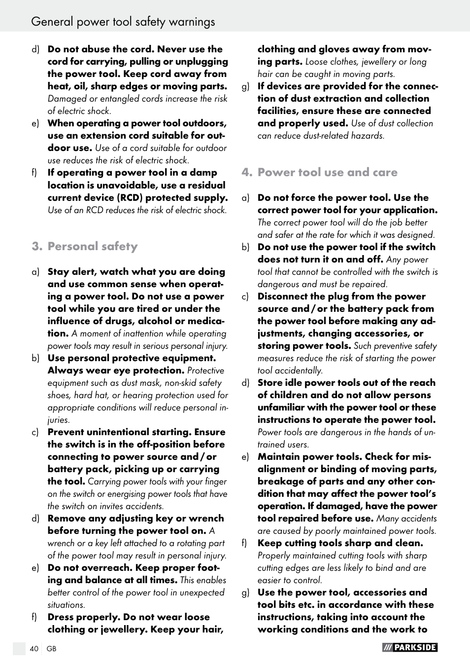 General power tool safety warnings, General power tool safety warnings / start-up, Personal safety | Power tool use and care | Parkside POF 1200 A1 User Manual | Page 40 / 46