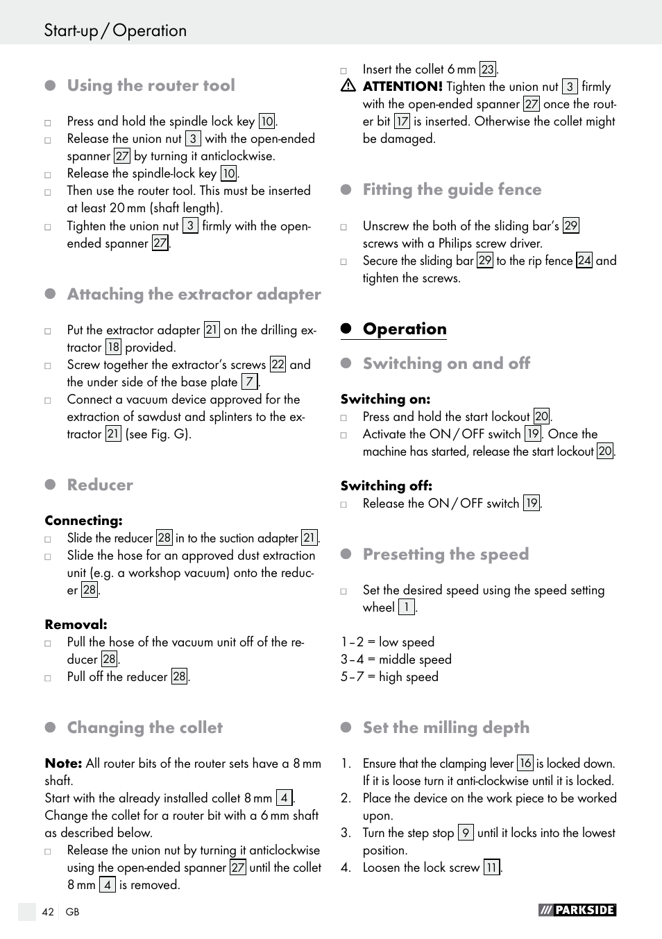 Start-up / operation, Operation, Using the router tool | Attaching the extractor adapter, Reducer, Changing the collet, Fitting the guide fence, Operation switching on and off, Presetting the speed, Set the milling depth | Parkside POF 1200 A1 User Manual | Page 42 / 46