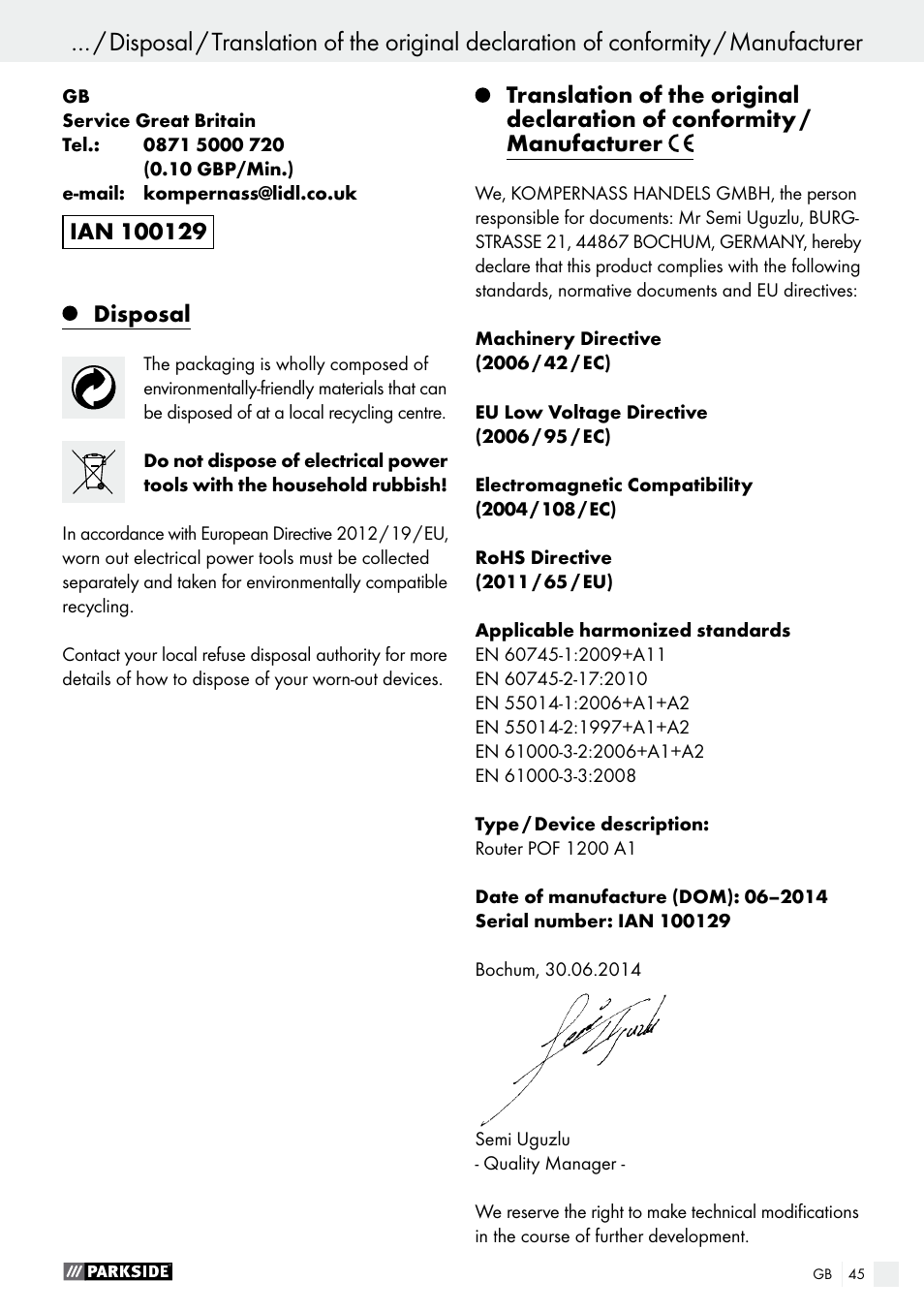 Parkside POF 1200 A1 User Manual | Page 45 / 46