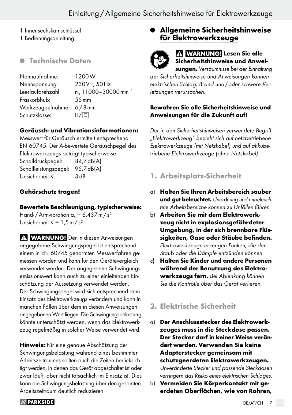 Technische daten, Arbeitsplatz-sicherheit, Elektrische sicherheit | Parkside POF 1200 A1 User Manual | Page 7 / 46