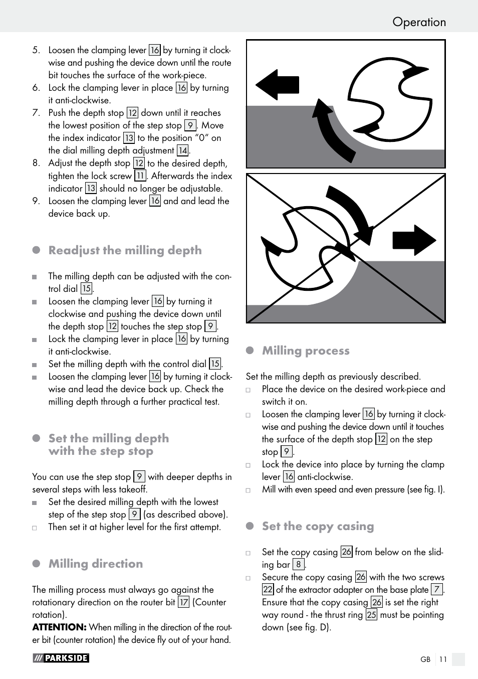 Operation, Start-up / operation, Readjust the milling depth | Set the milling depth with the step stop, Milling direction, Milling process, Set the copy casing | Parkside POF 1200 A1 User Manual | Page 11 / 69