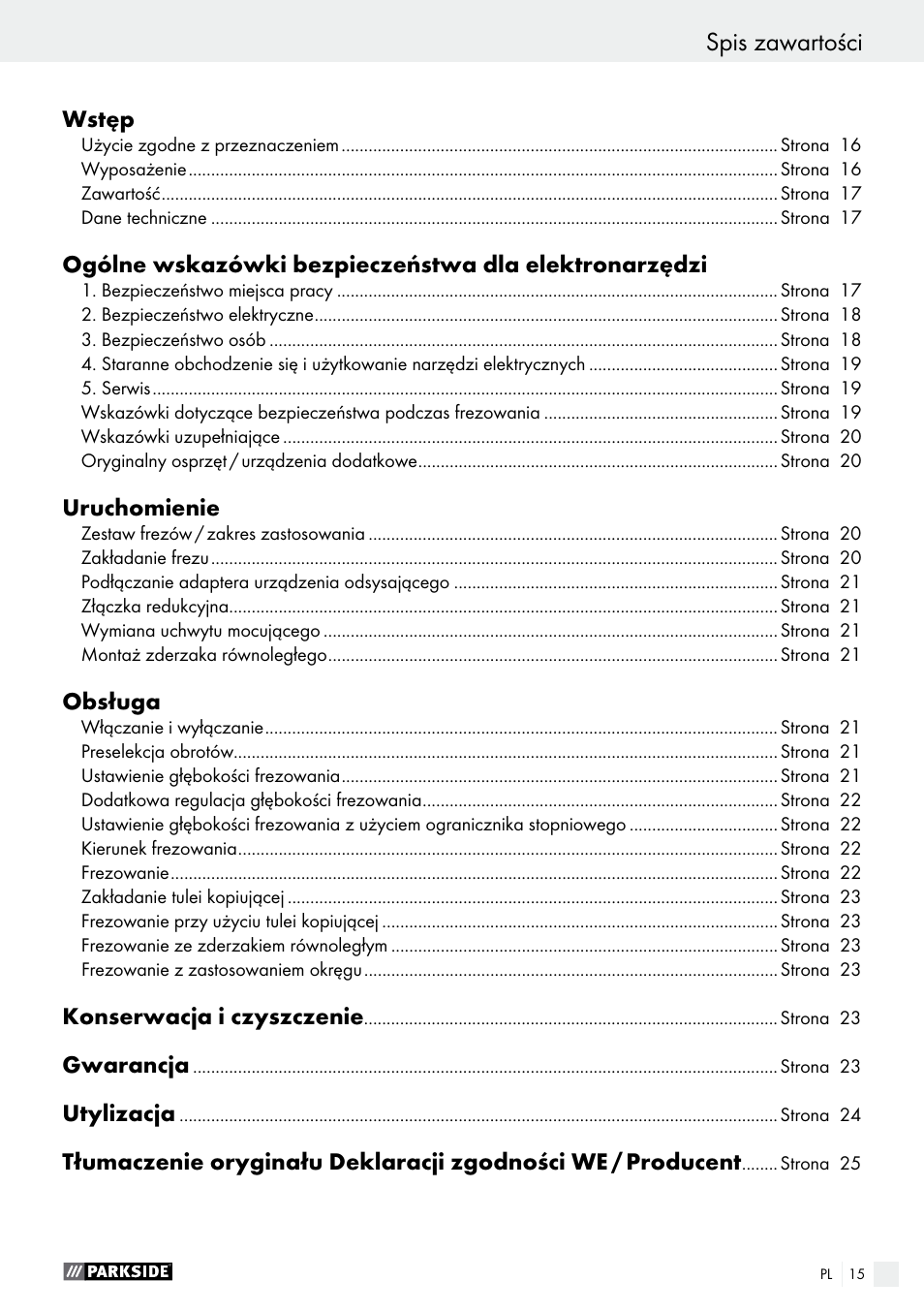 Spis zawartości | Parkside POF 1200 A1 User Manual | Page 15 / 69