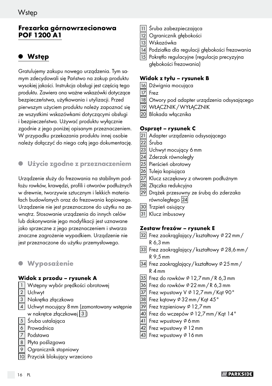 Wstęp, Użycie zgodne z przeznaczeniem, Wyposażenie | Parkside POF 1200 A1 User Manual | Page 16 / 69