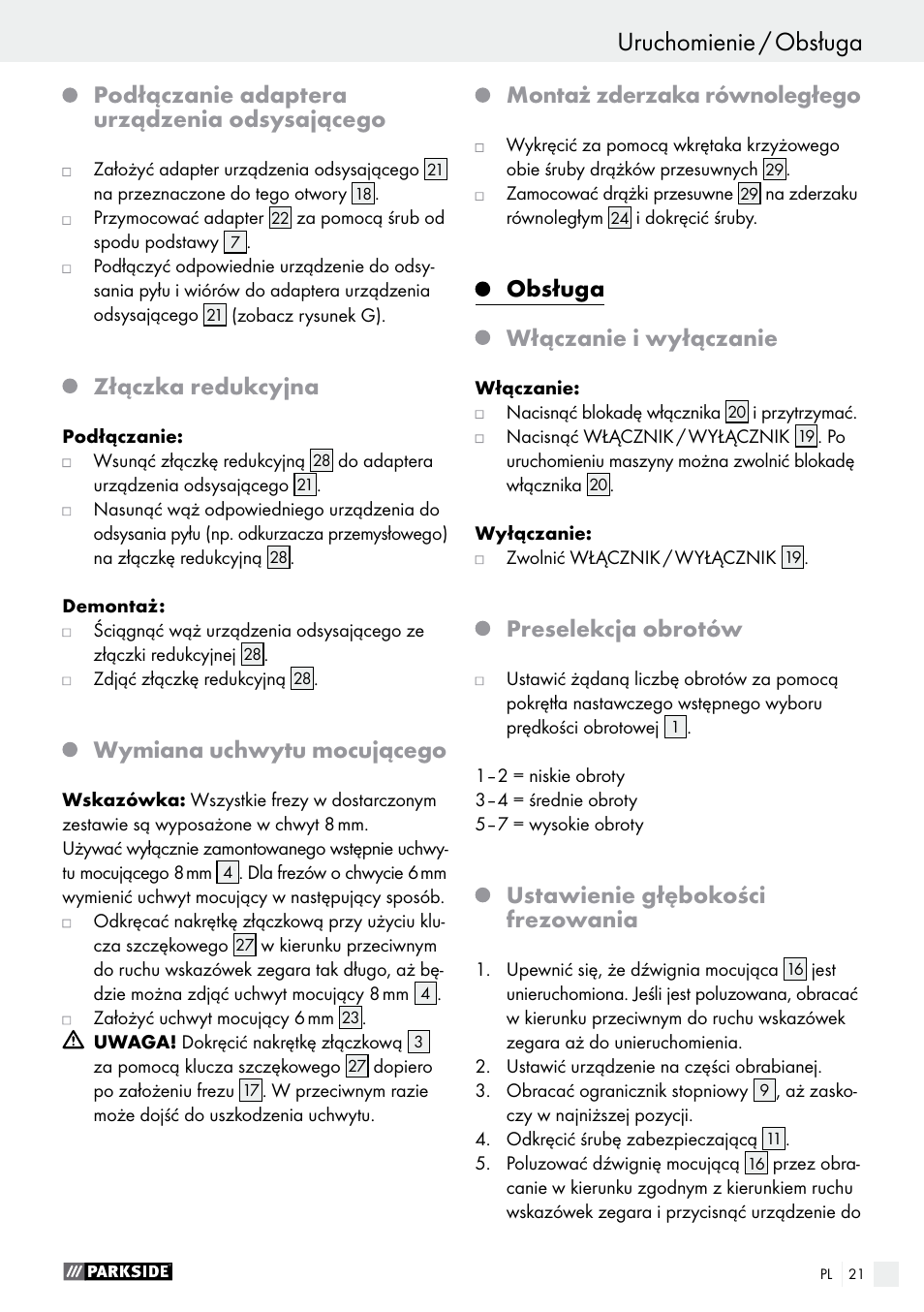 Podłączanie adaptera urządzenia odsysającego, Złączka redukcyjna, Wymiana uchwytu mocującego | Montaż zderzaka równoległego, Obsługa włączanie i wyłączanie, Preselekcja obrotów, Ustawienie głębokości frezowania | Parkside POF 1200 A1 User Manual | Page 21 / 69