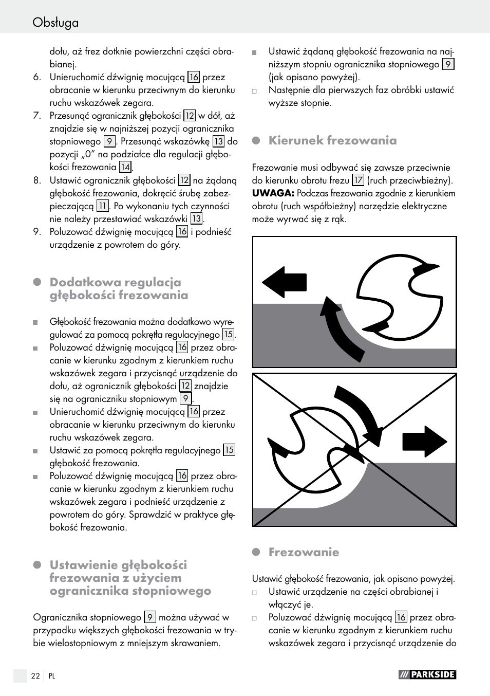 Dodatkowa regulacja głębokości frezowania, Kierunek frezowania, Frezowanie | Parkside POF 1200 A1 User Manual | Page 22 / 69