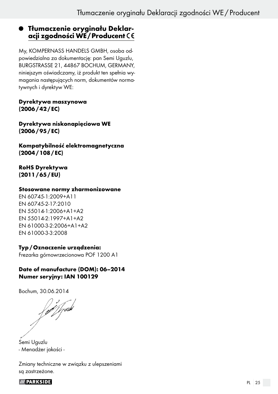 Gwarancja / utylizacja | Parkside POF 1200 A1 User Manual | Page 25 / 69