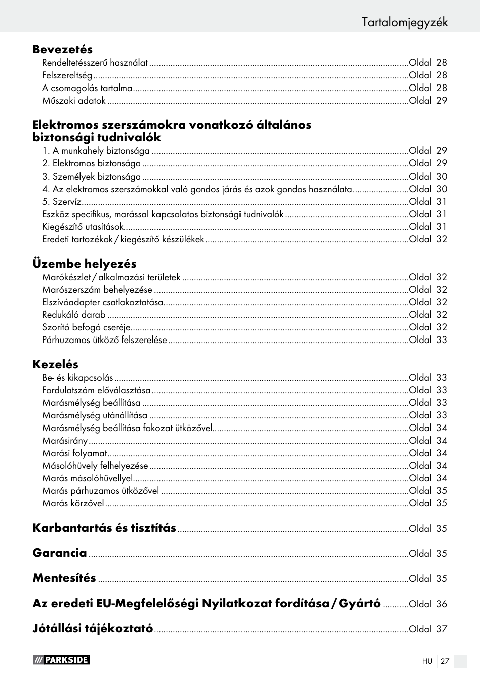 Tartalomjegyzék | Parkside POF 1200 A1 User Manual | Page 27 / 69