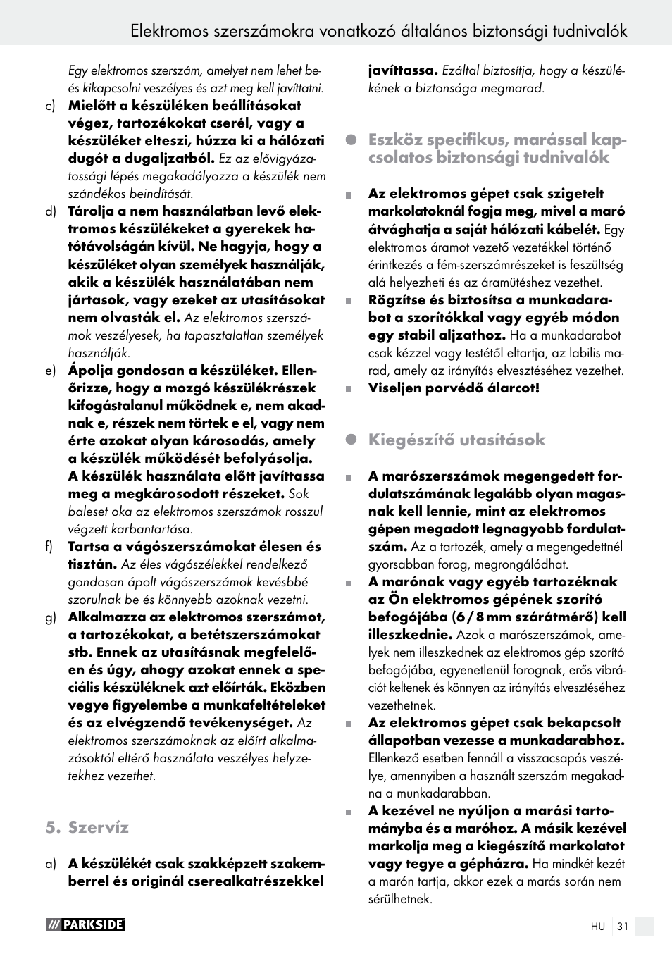 Szervíz, Kiegészítő utasítások | Parkside POF 1200 A1 User Manual | Page 31 / 69