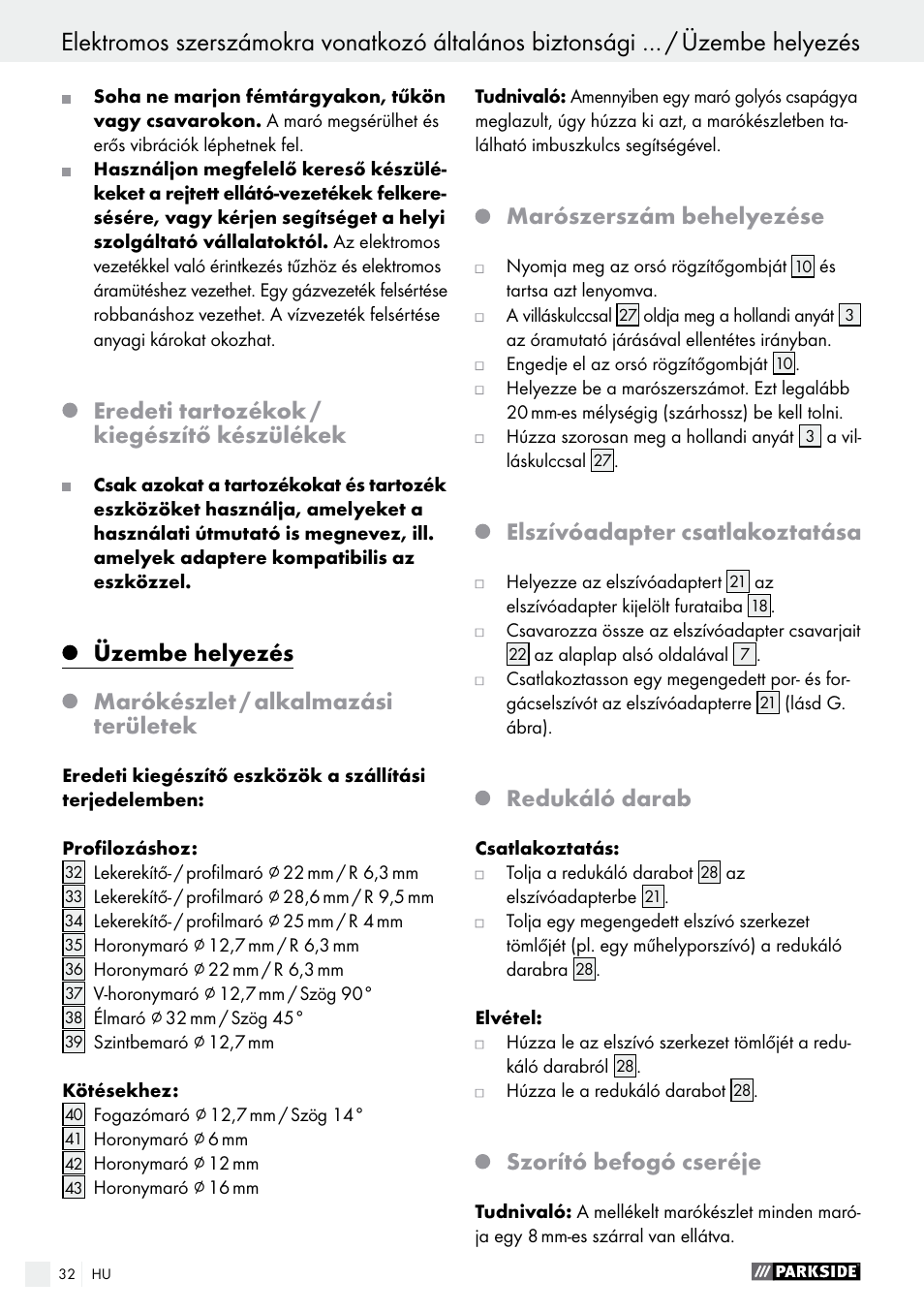 Üzembe helyezés / kezelés, Eredeti tartozékok / kiegészítő készülékek, Marószerszám behelyezése | Elszívóadapter csatlakoztatása, Redukáló darab, Szorító befogó cseréje | Parkside POF 1200 A1 User Manual | Page 32 / 69