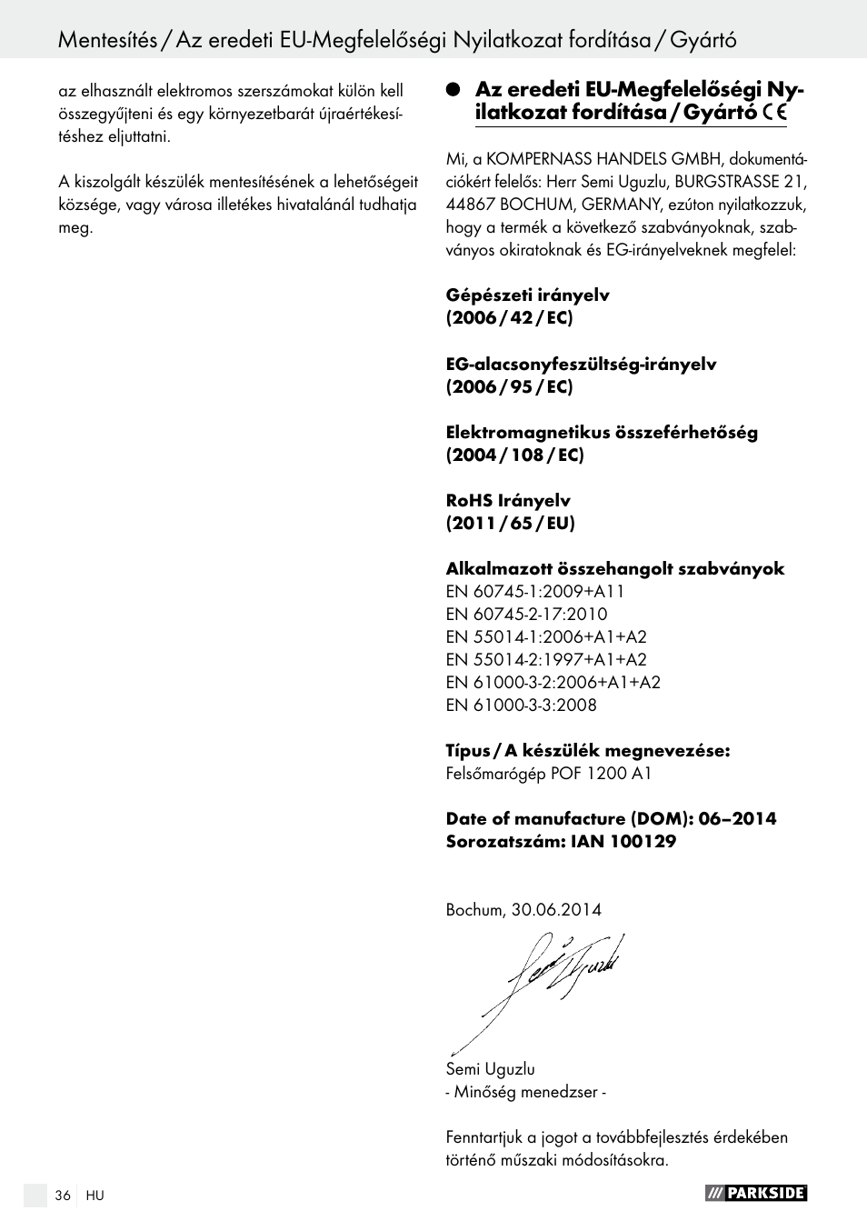 Parkside POF 1200 A1 User Manual | Page 36 / 69