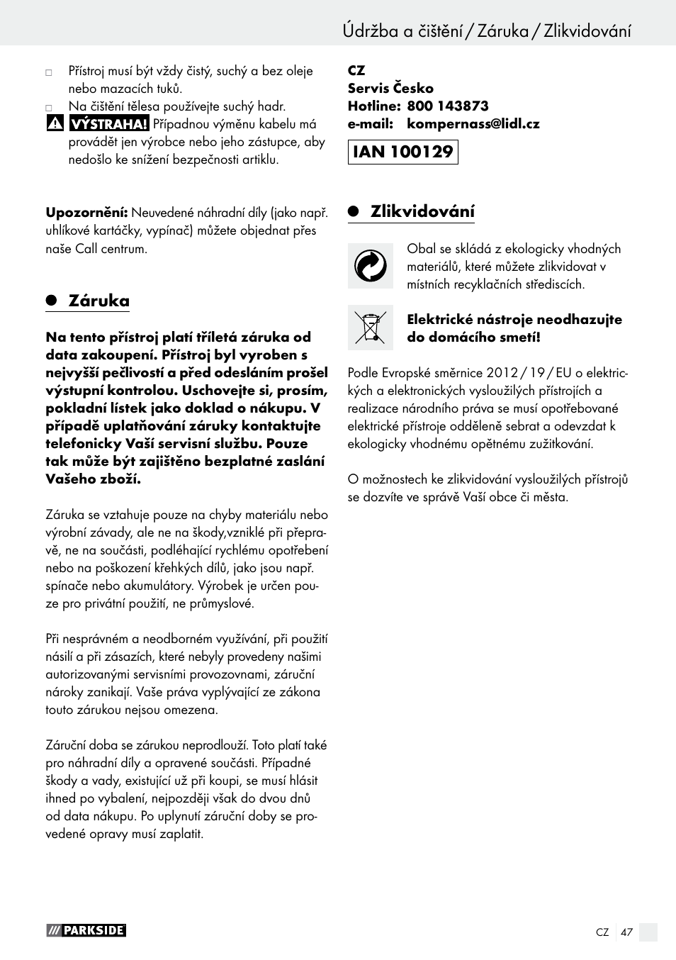 Záruka, Zlikvidování | Parkside POF 1200 A1 User Manual | Page 47 / 69