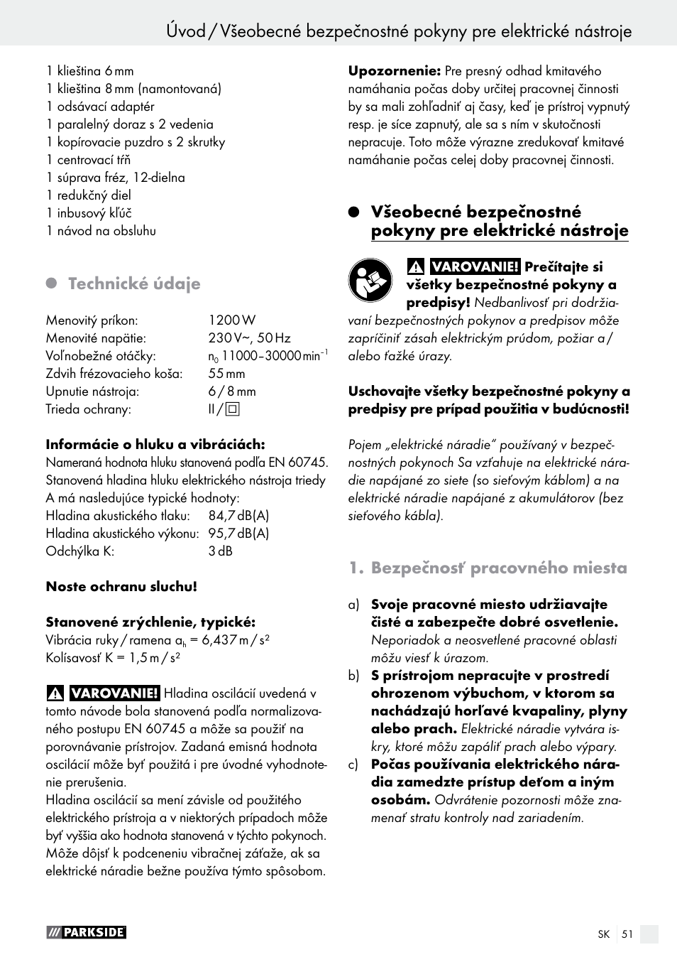 Technické údaje, Bezpečnosť pracovného miesta | Parkside POF 1200 A1 User Manual | Page 51 / 69