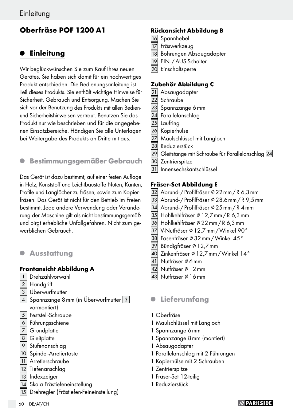 Bestimmungsgemäßer gebrauch, Ausstattung, Lieferumfang | Parkside POF 1200 A1 User Manual | Page 60 / 69