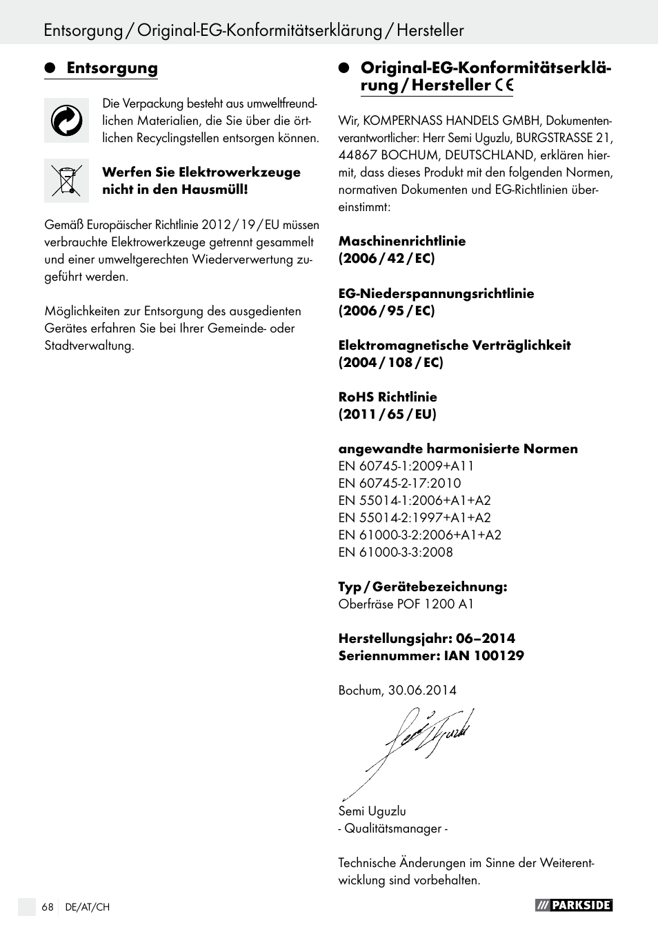 Parkside POF 1200 A1 User Manual | Page 68 / 69