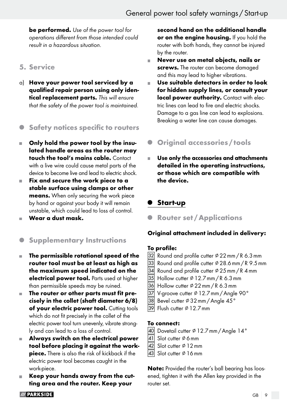 Service, Safety notices specific to routers, Supplementary instructions | Original accessories / tools, Start-up router set / applications | Parkside POF 1200 A1 User Manual | Page 9 / 69