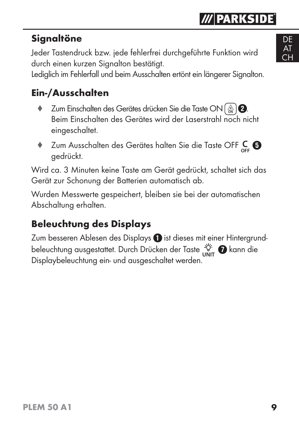Signaltöne, Ein-/ausschalten, Beleuchtung des displays | Parkside PLEM 50 A1 User Manual | Page 12 / 92