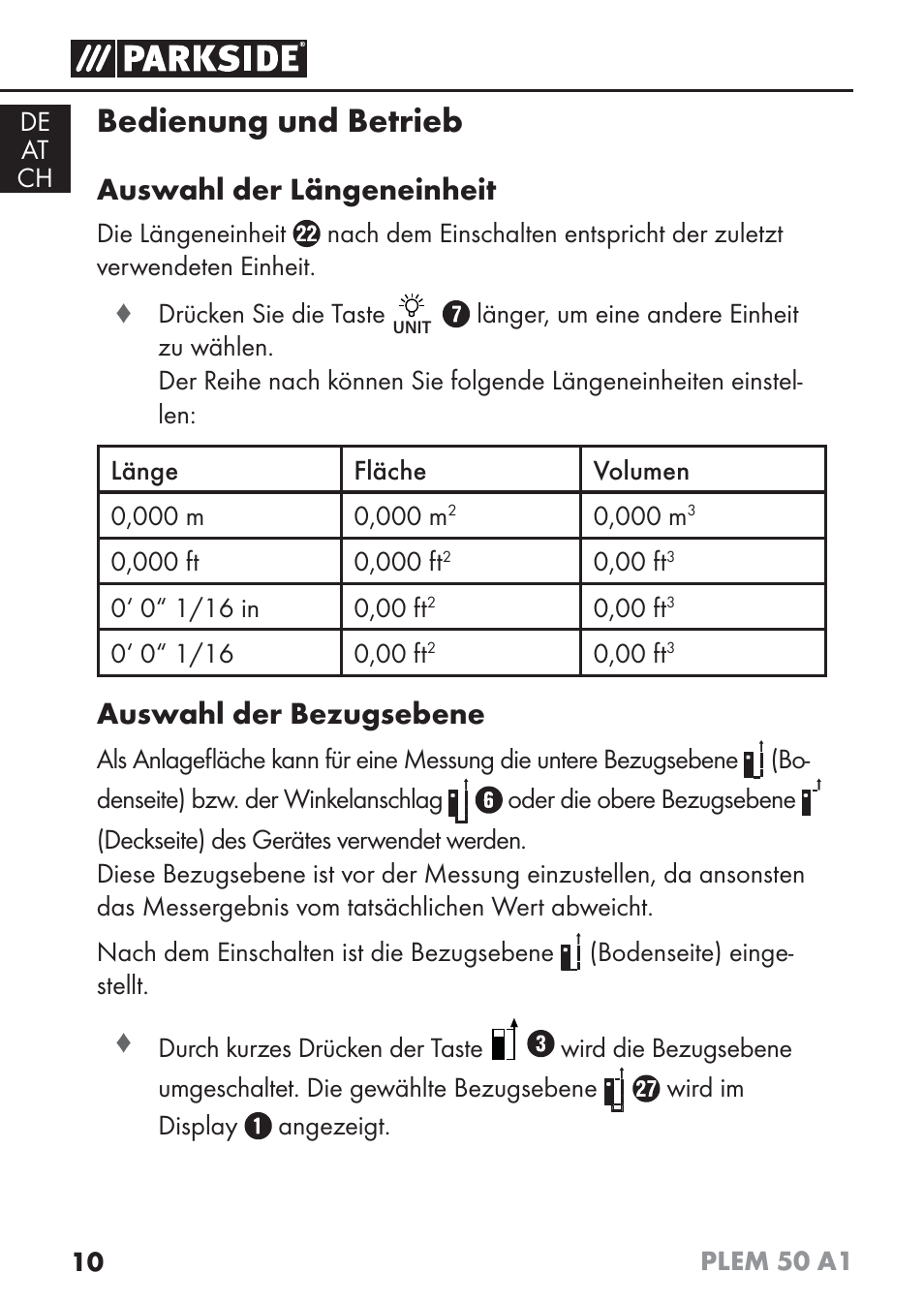 Bedienung und betrieb, Auswahl der längeneinheit, Auswahl der bezugsebene | Parkside PLEM 50 A1 User Manual | Page 13 / 92