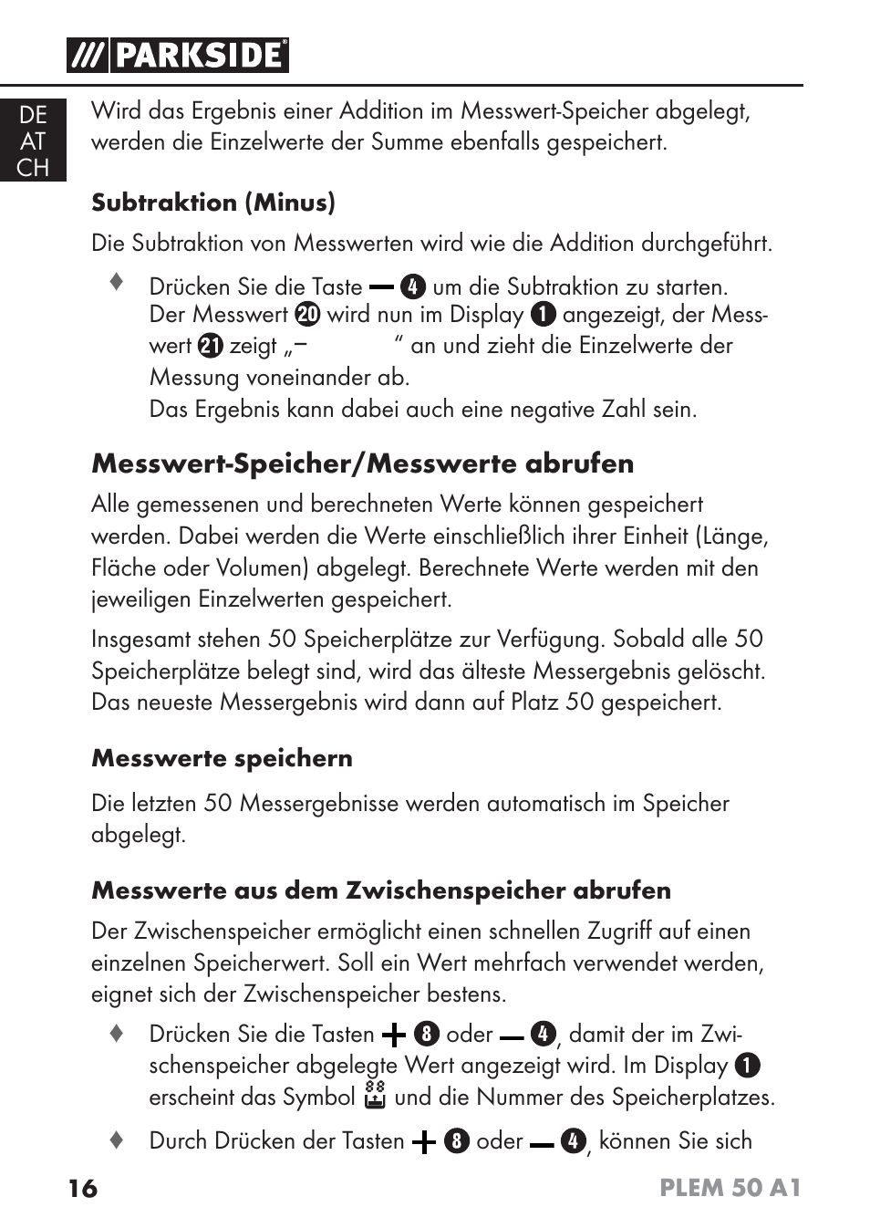 Messwert-speicher/messwerte abrufen | Parkside PLEM 50 A1 User Manual | Page 19 / 92