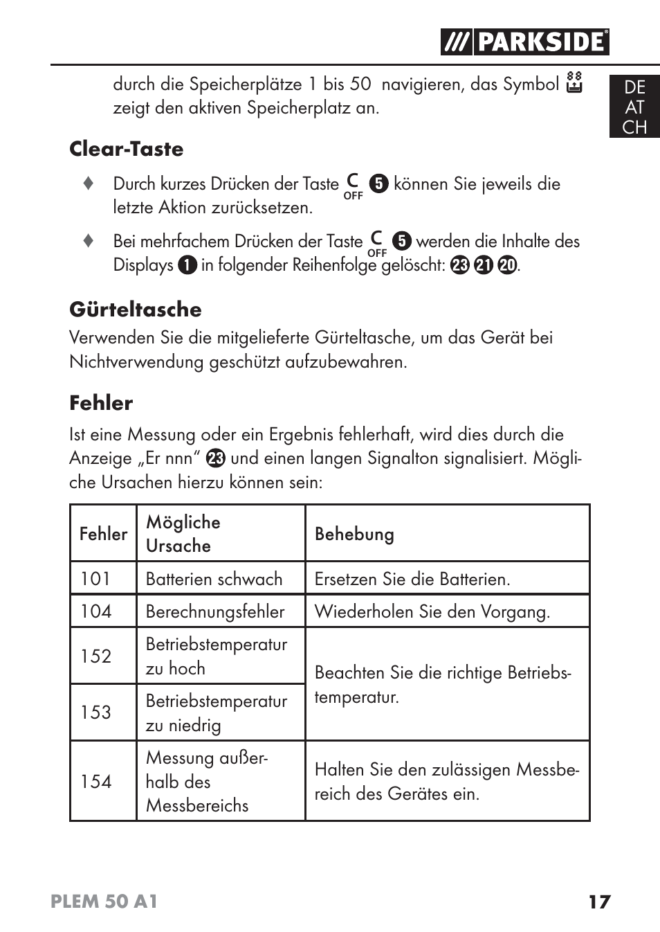 Clear-taste, Gürteltasche, Fehler | Parkside PLEM 50 A1 User Manual | Page 20 / 92