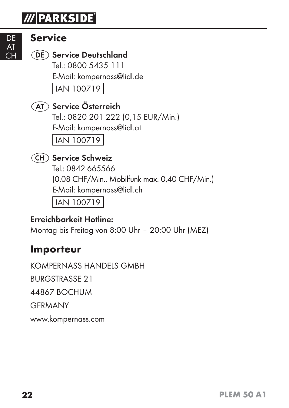 Service, Importeur | Parkside PLEM 50 A1 User Manual | Page 25 / 92