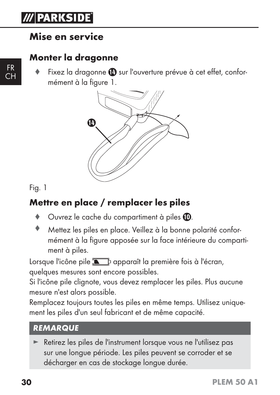 Mise en service, Monter la dragonne, Mettre en place / remplacer les piles | Parkside PLEM 50 A1 User Manual | Page 33 / 92