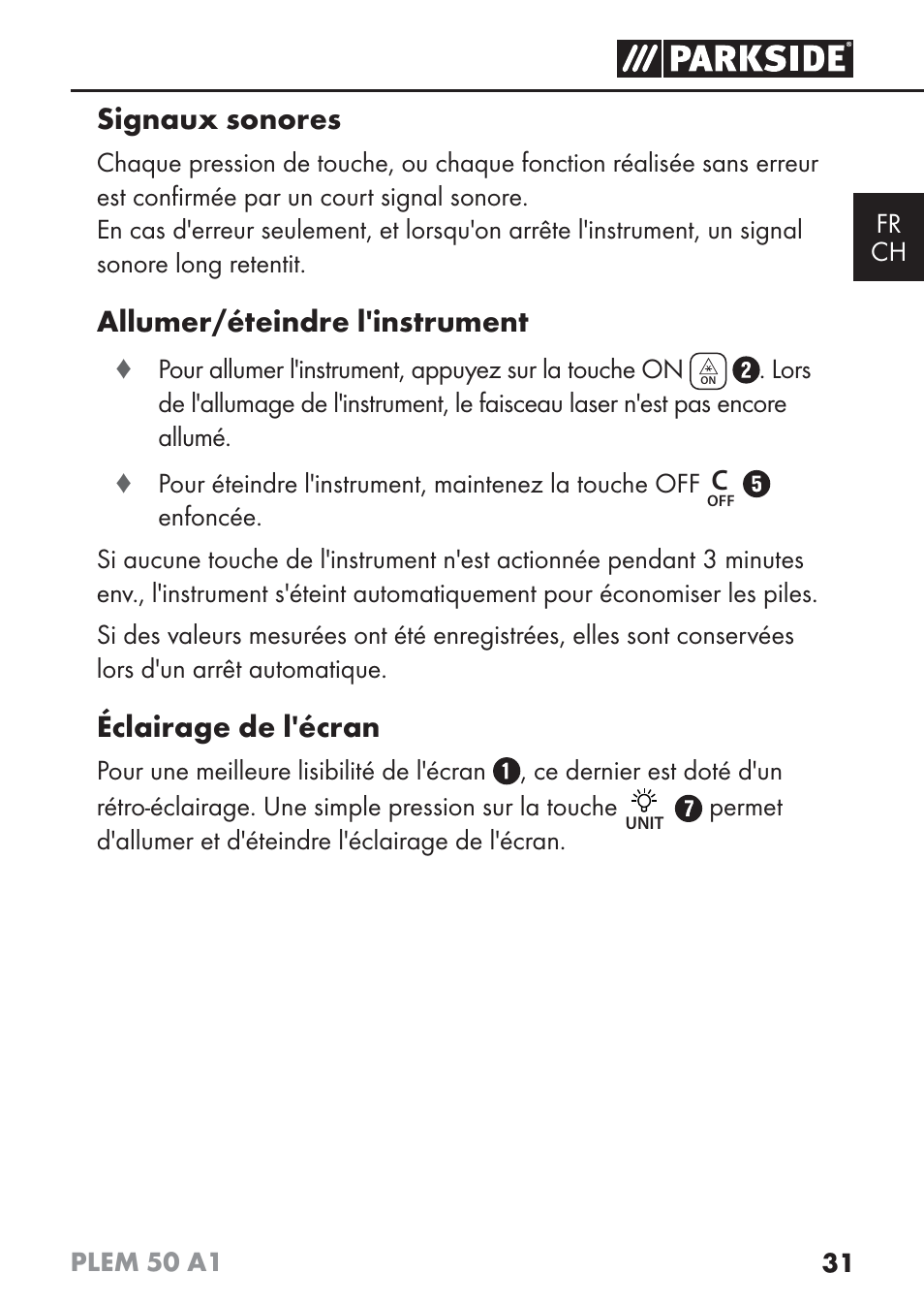 Signaux sonores, Allumer/éteindre l'instrument, Éclairage de l'écran | Parkside PLEM 50 A1 User Manual | Page 34 / 92