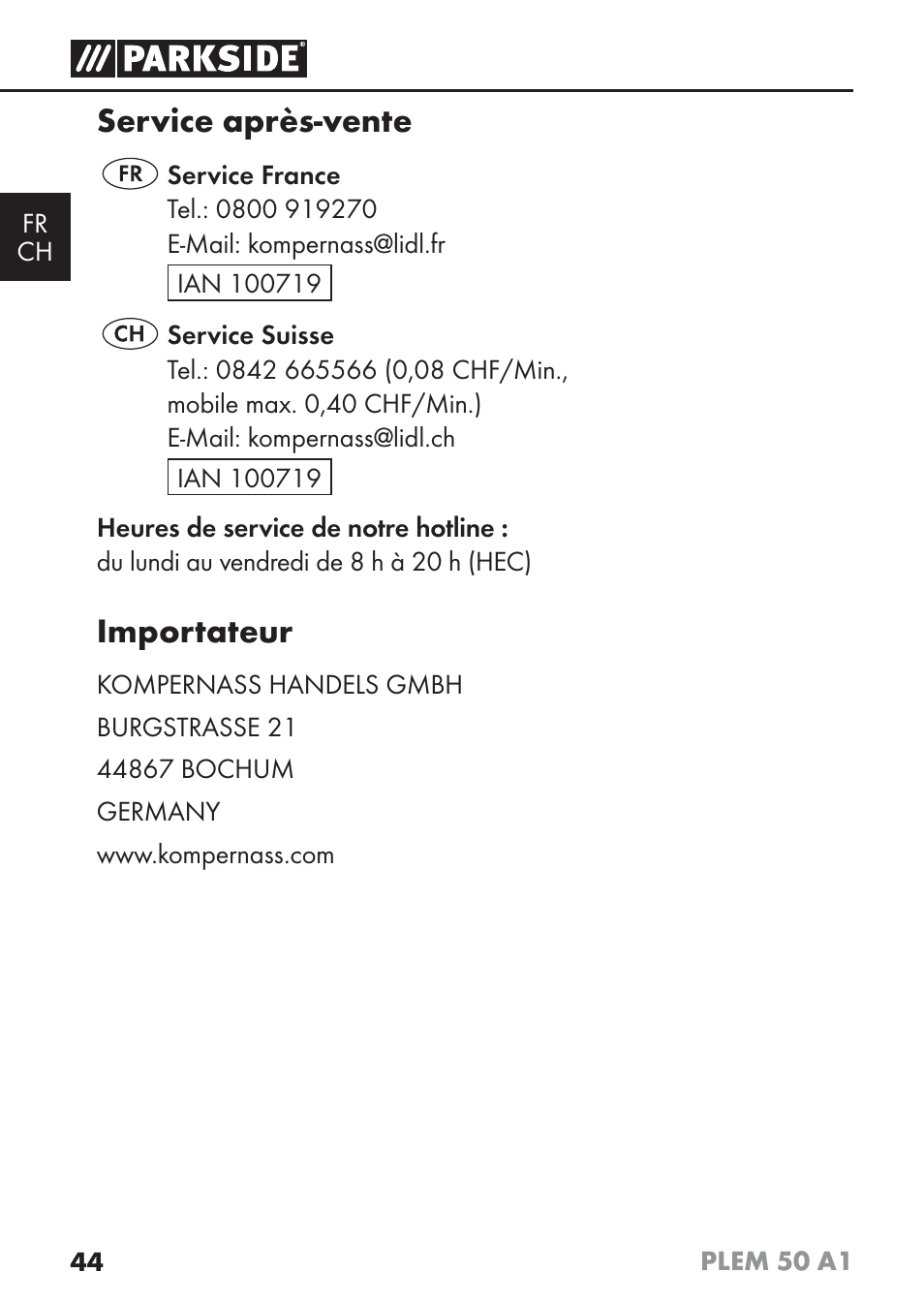 Service après-vente, Importateur | Parkside PLEM 50 A1 User Manual | Page 47 / 92