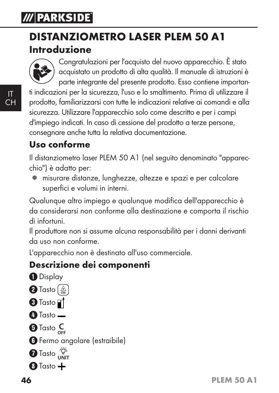 Distanziometro laser plem 50 a1, Introduzione, Uso conforme | Descrizione dei componenti | Parkside PLEM 50 A1 User Manual | Page 49 / 92