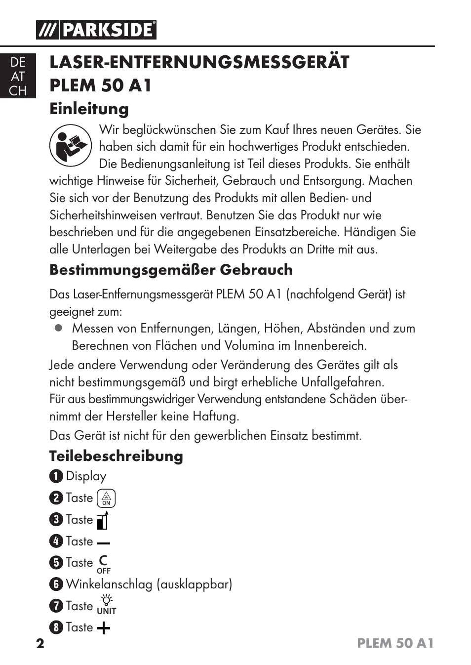 Laser-entfernungsmessgerät plem 50 a1, Einleitung, Bestimmungsgemäßer gebrauch | Teilebeschreibung | Parkside PLEM 50 A1 User Manual | Page 5 / 92