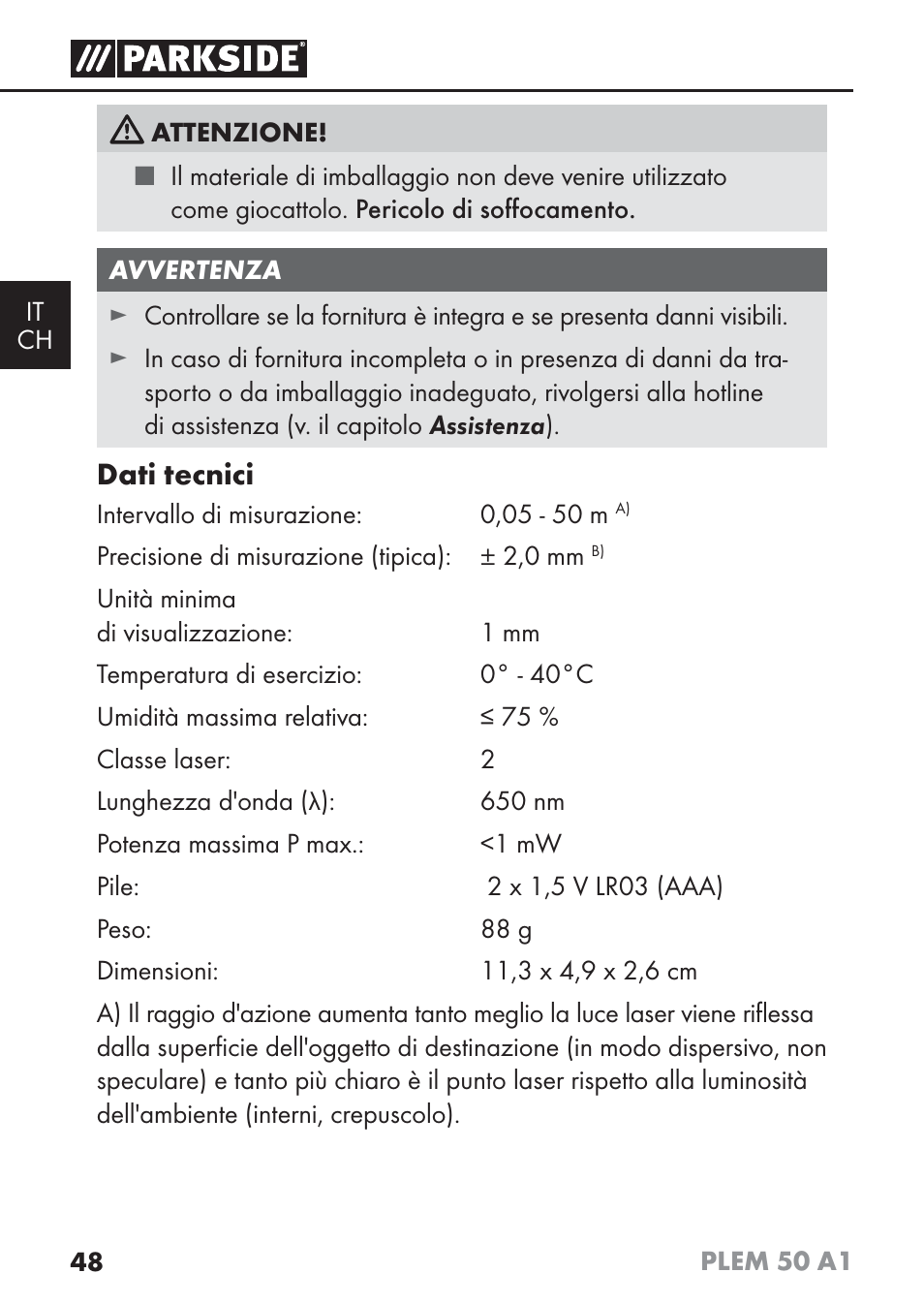 Dati tecnici | Parkside PLEM 50 A1 User Manual | Page 51 / 92