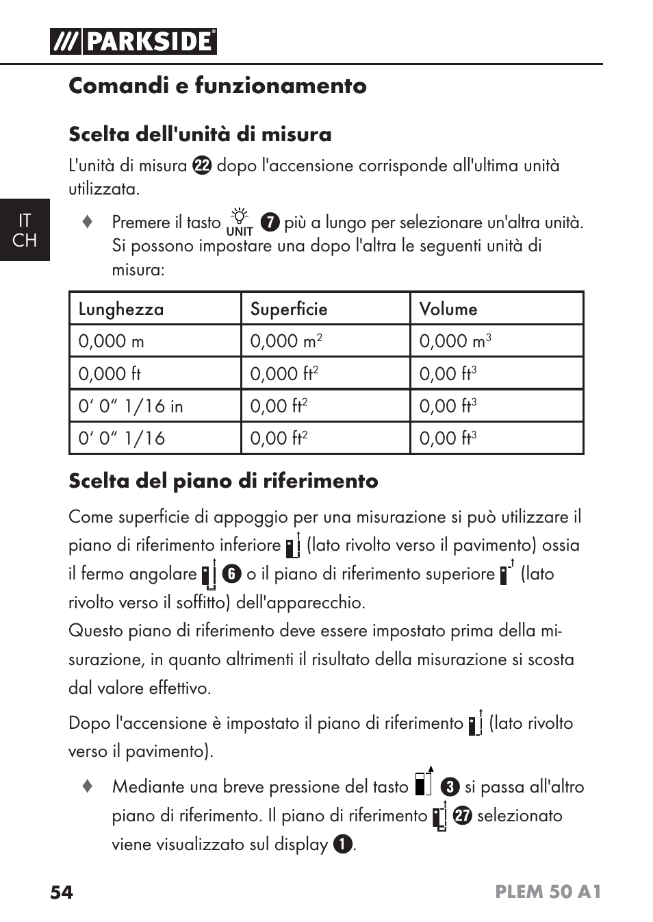 Comandi e funzionamento, Scelta dell'unità di misura, Scelta del piano di riferimento | Parkside PLEM 50 A1 User Manual | Page 57 / 92