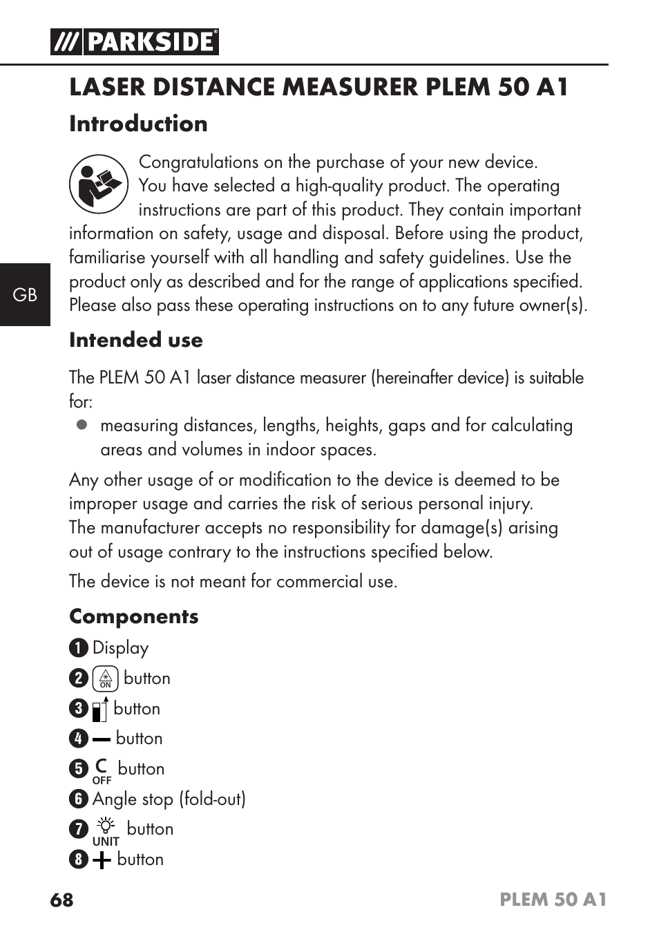 Laser distance measurer plem 50 a1, Introduction, Intended use | Components | Parkside PLEM 50 A1 User Manual | Page 71 / 92