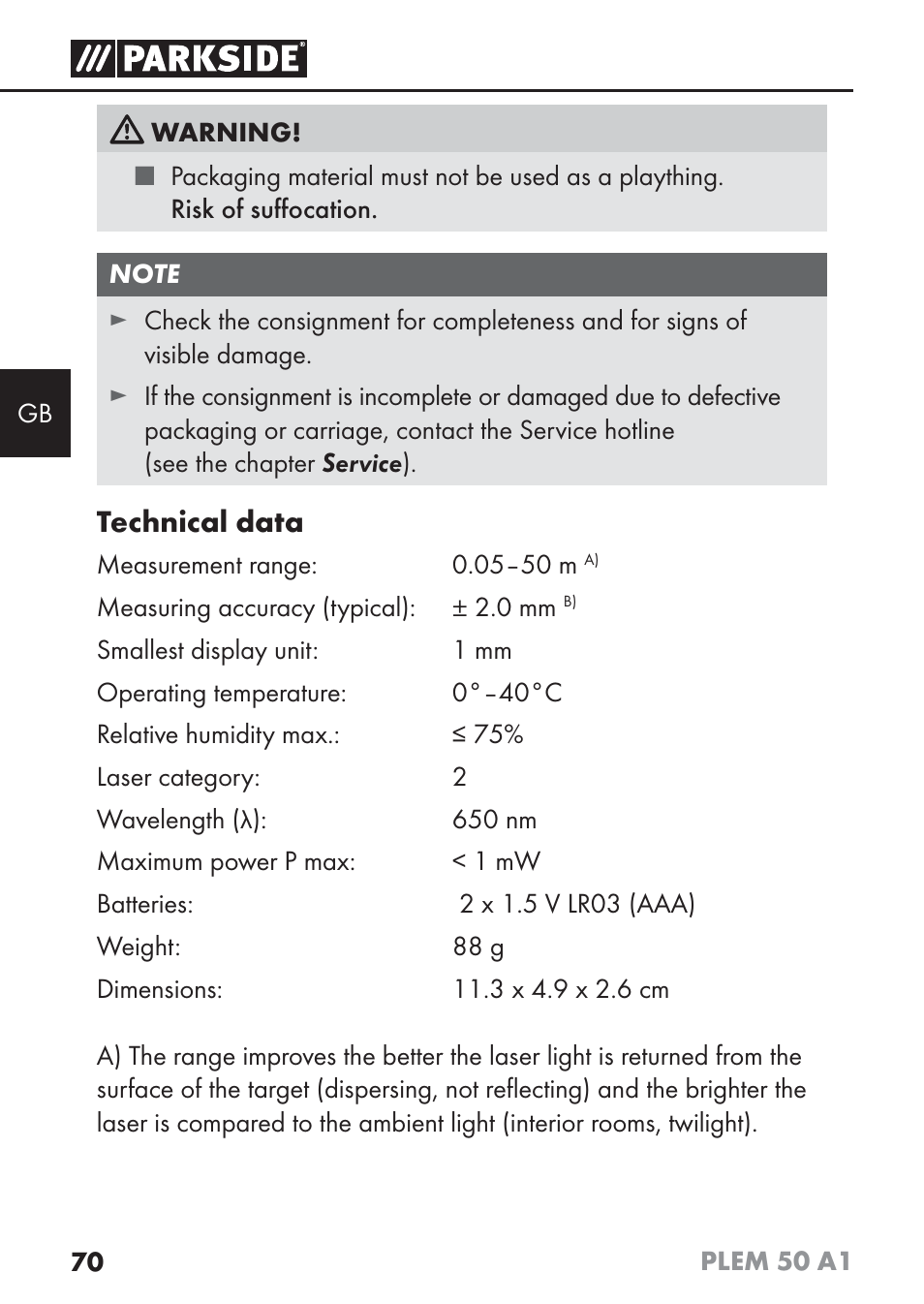 Technical data | Parkside PLEM 50 A1 User Manual | Page 73 / 92