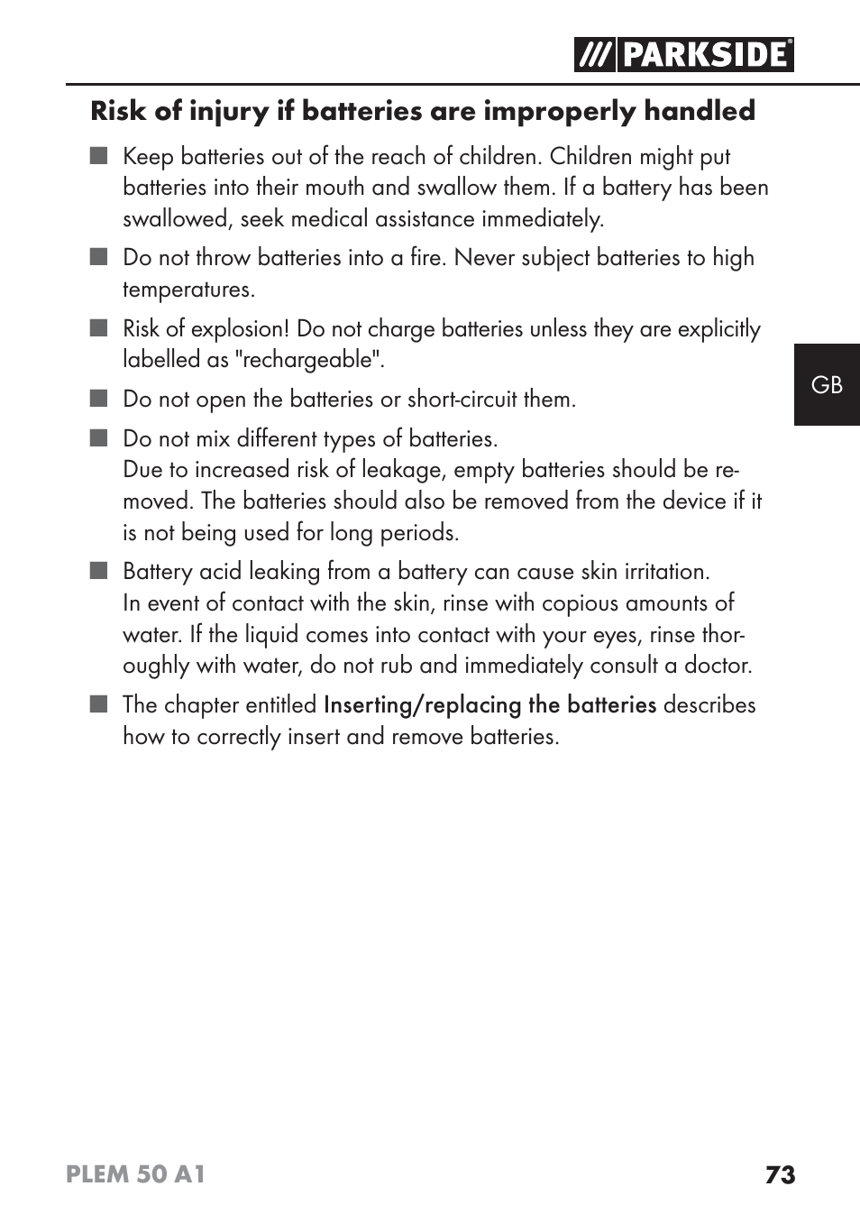 Risk of injury if batteries are improperly handled | Parkside PLEM 50 A1 User Manual | Page 76 / 92