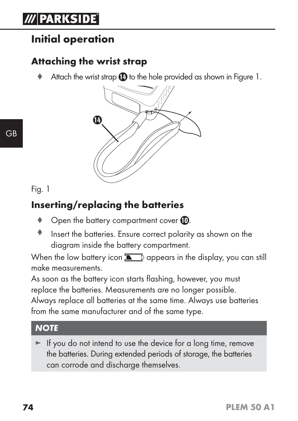 Initial operation, Attaching the wrist strap, Inserting/replacing the batteries | Parkside PLEM 50 A1 User Manual | Page 77 / 92