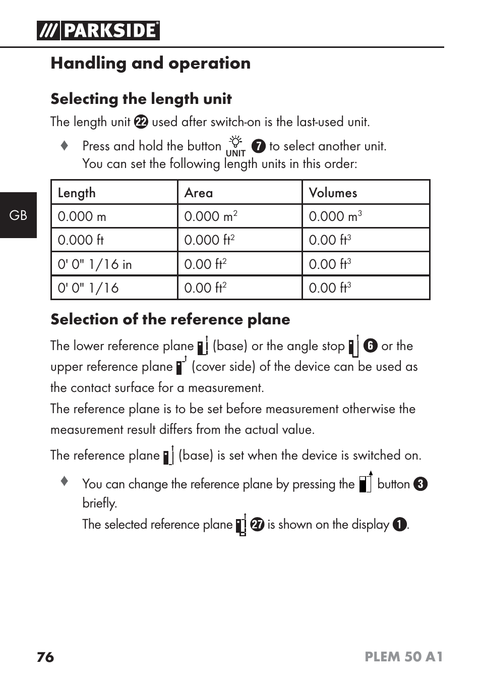 Handling and operation, Selecting the length unit, Selection of the reference plane | Parkside PLEM 50 A1 User Manual | Page 79 / 92