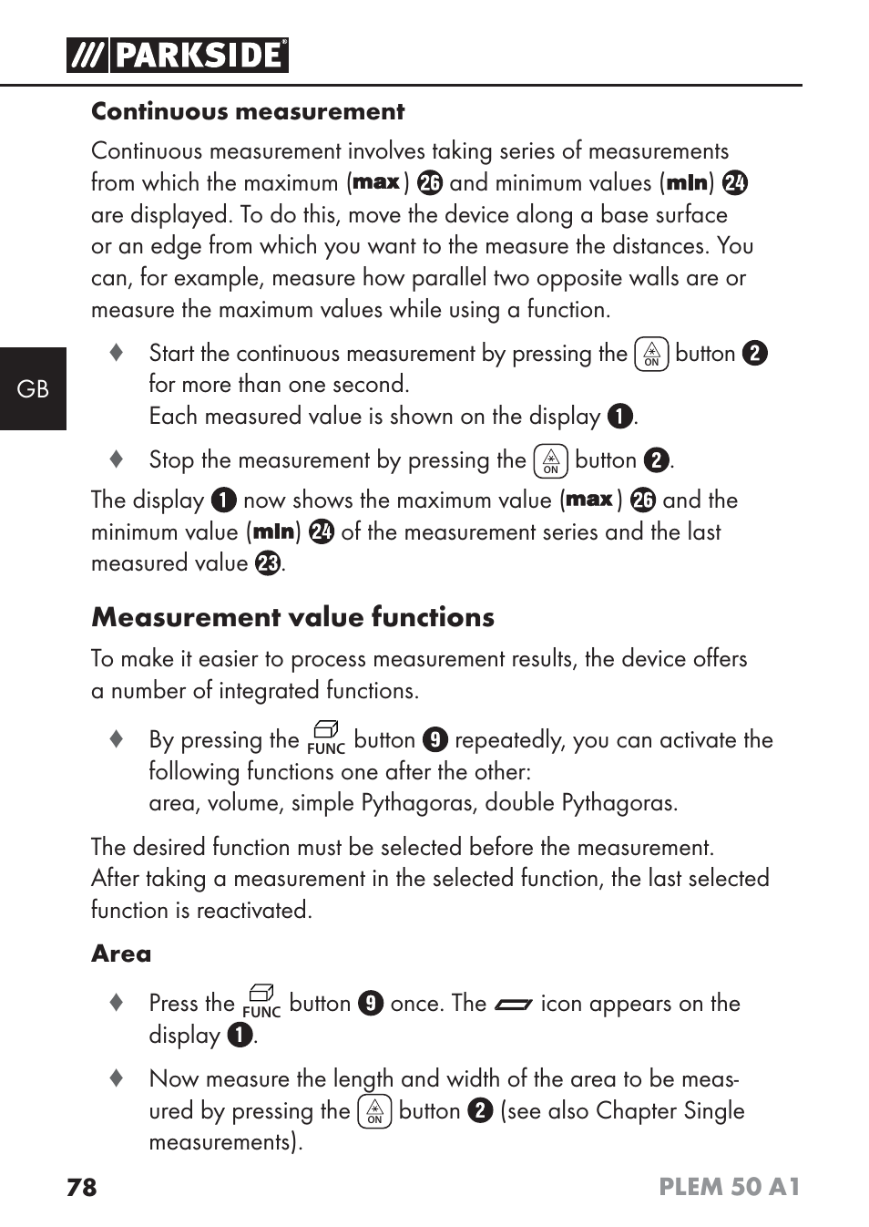 Measurement value functions | Parkside PLEM 50 A1 User Manual | Page 81 / 92