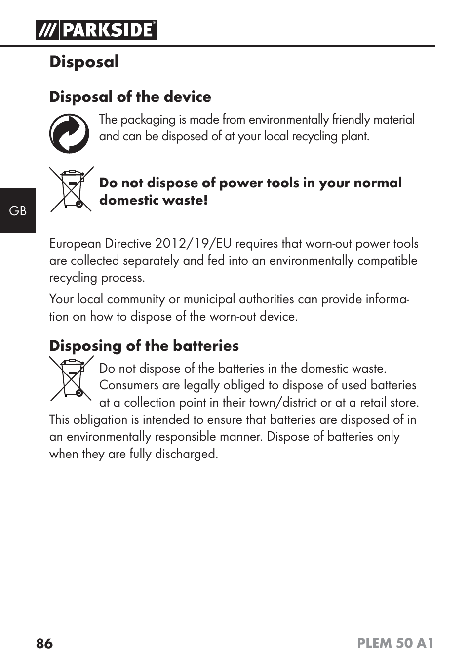 Disposal | Parkside PLEM 50 A1 User Manual | Page 89 / 92