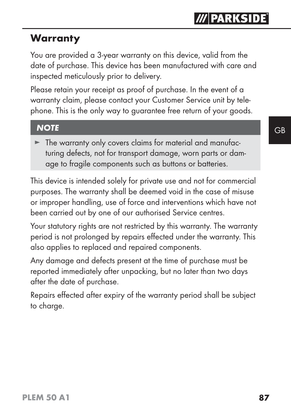 Warranty | Parkside PLEM 50 A1 User Manual | Page 90 / 92