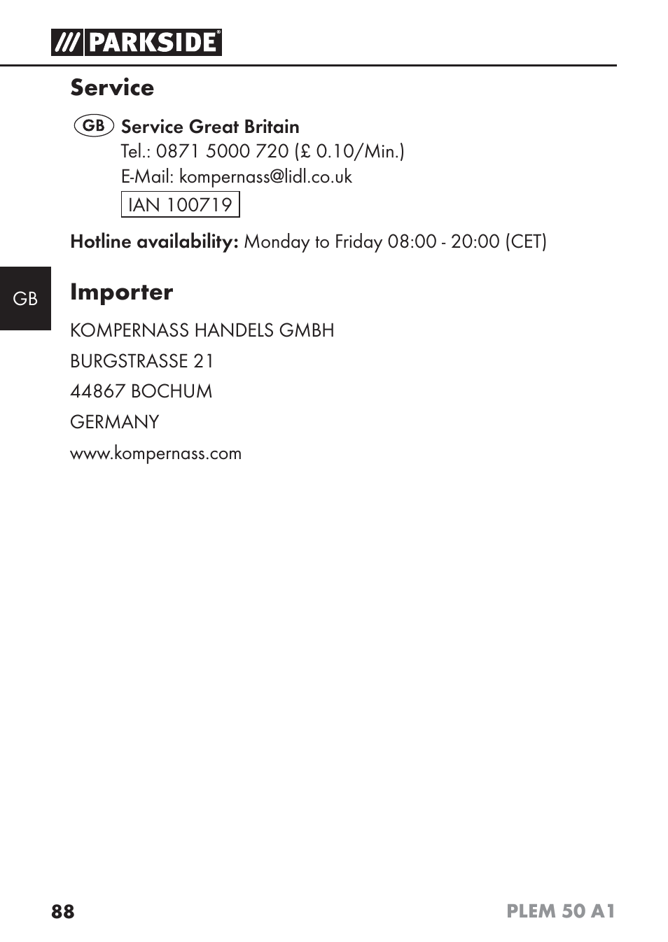 Service, Importer | Parkside PLEM 50 A1 User Manual | Page 91 / 92
