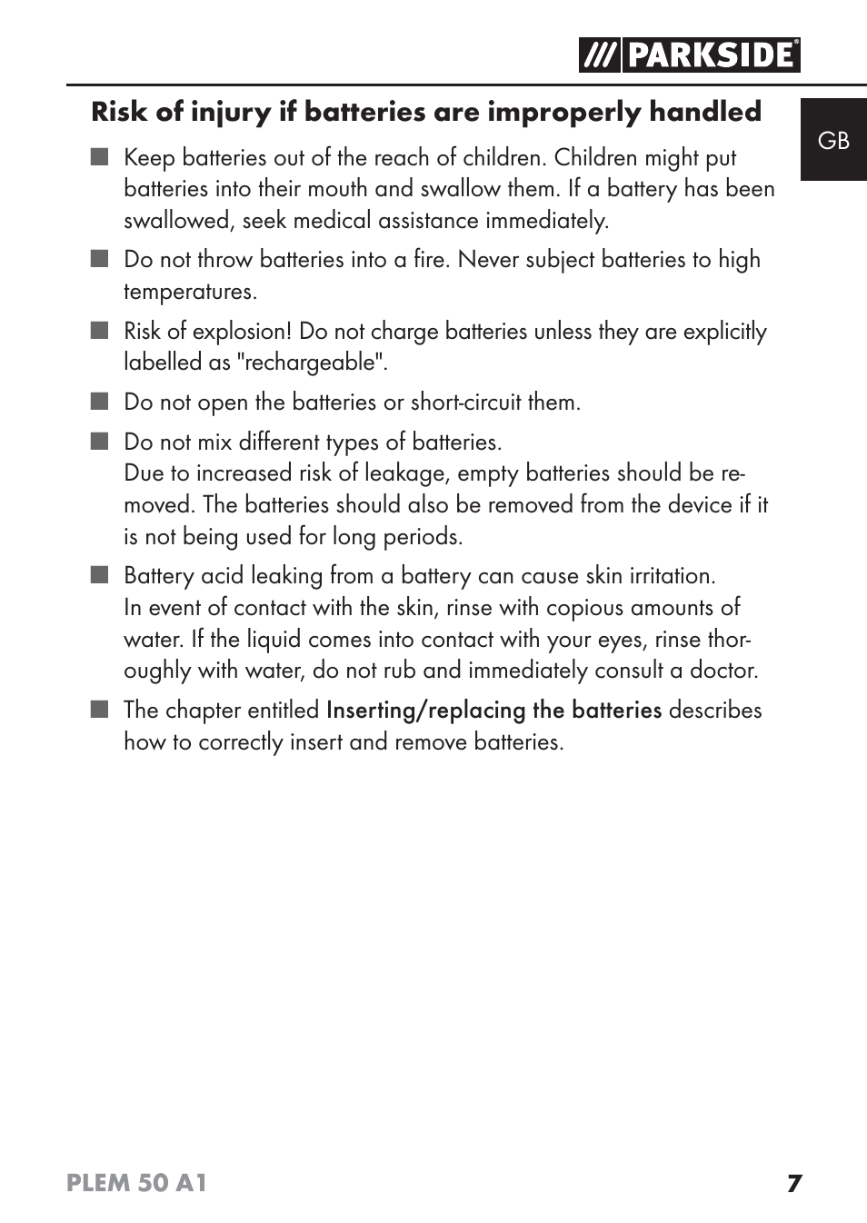 Risk of injury if batteries are improperly handled | Parkside PLEM 50 A1 User Manual | Page 10 / 114