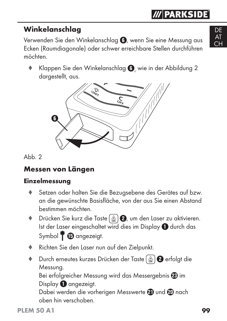 Winkelanschlag, Messen von längen | Parkside PLEM 50 A1 User Manual | Page 102 / 114