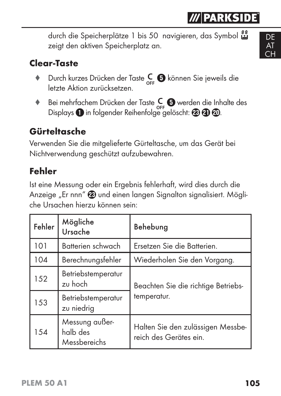 Clear-taste, Gürteltasche, Fehler | Parkside PLEM 50 A1 User Manual | Page 108 / 114