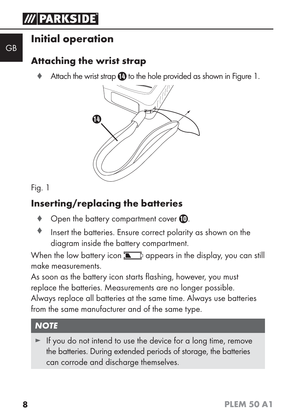 Initial operation, Attaching the wrist strap, Inserting/replacing the batteries | Parkside PLEM 50 A1 User Manual | Page 11 / 114