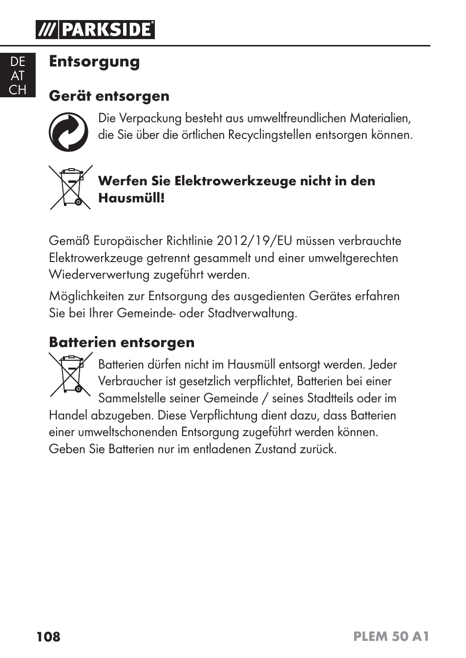 Entsorgung | Parkside PLEM 50 A1 User Manual | Page 111 / 114