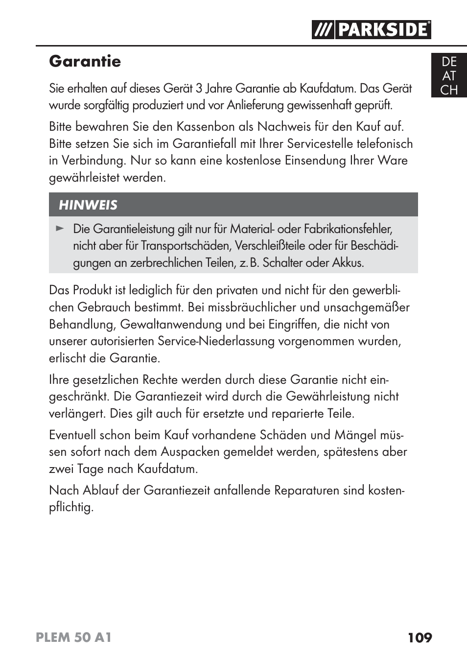 Garantie | Parkside PLEM 50 A1 User Manual | Page 112 / 114